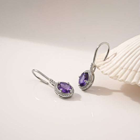 Silver Amethyst Halo Drop Earrings for Women