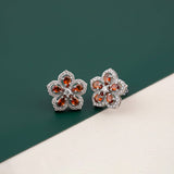Silver Floral Garnet Stud Earrings for Women