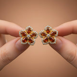 Silver Floral Garnet Stud Earrings for Women