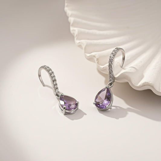 Silver Amethyst Teardrop Dangle Earrings