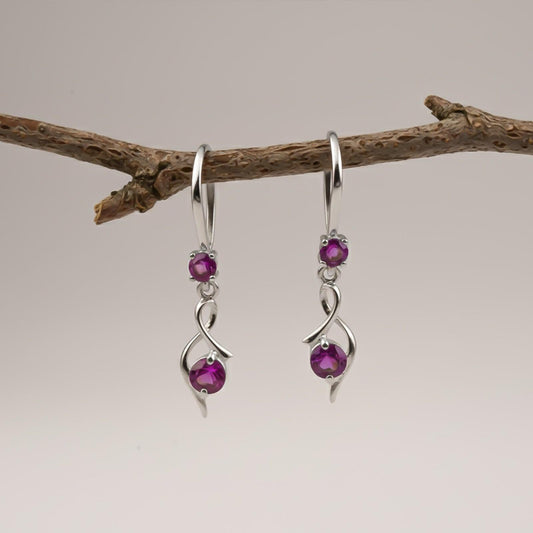 Silver Pink Ruby Twist Drop Earrings
