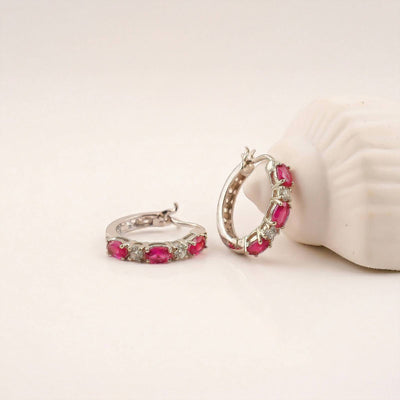 Silver Pink Ruby Half Hoop Earrings