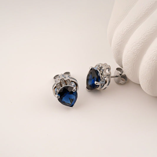 Silver Blue Sapphire Crown Stud Earrings