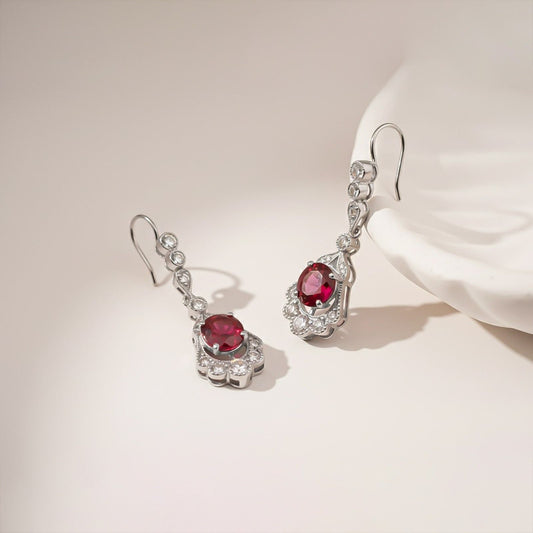 Silver Red Ruby Vintage Drop Earrings