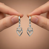 Silver CZ Double Heart Drop Earrings