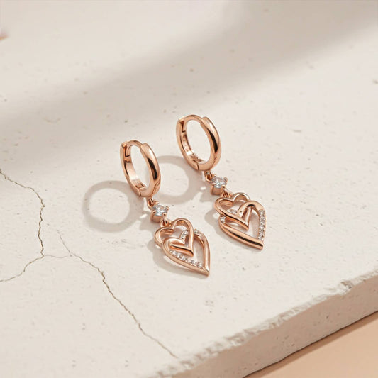 Silver CZ Double Heart Drop Earrings
