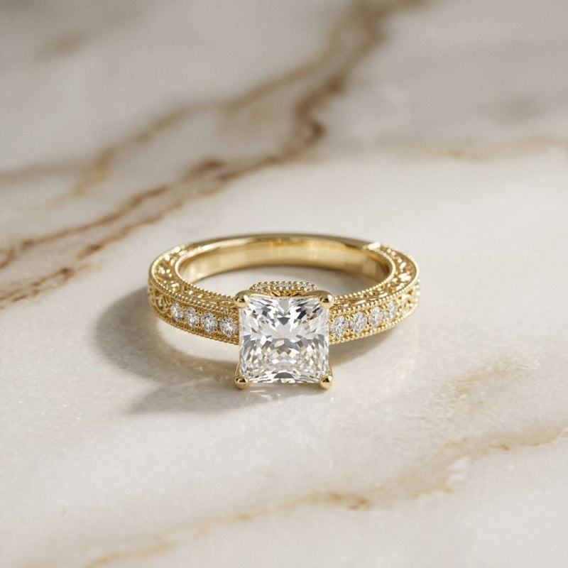 1.97Ct Moissanite Vintage Milgrain Emerald-Cut Halo Ring