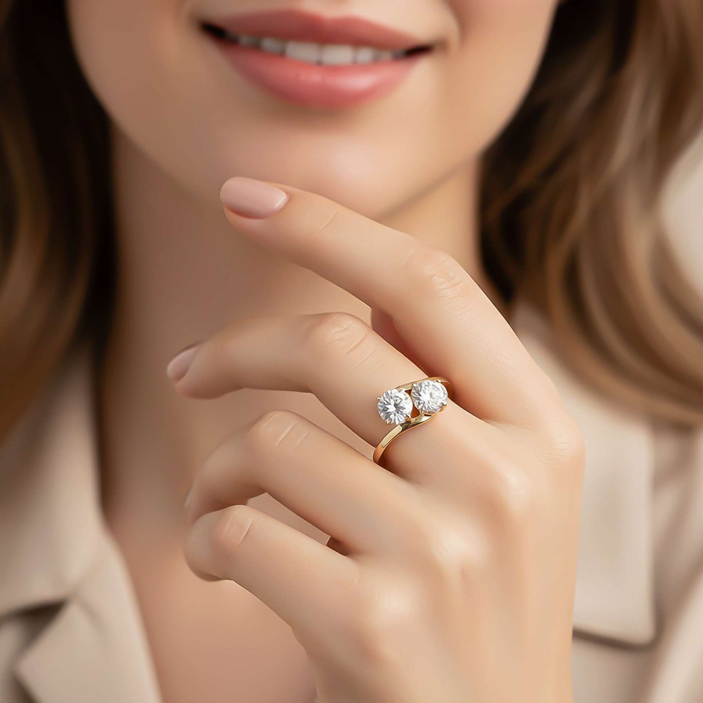 2Ct Round Moissanite Dual Stone Ring For Women