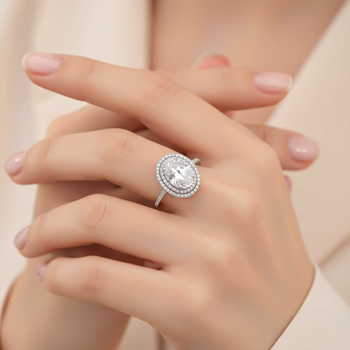 3.25Ct Oval Moissanite Double Halo Engagement Ring