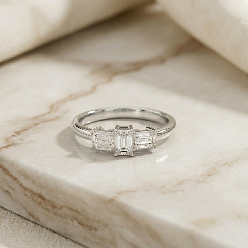 1.68Ct Moissanite Emerald Cut Three-Stone Ring Gold Vermeil (2.5 Micron)