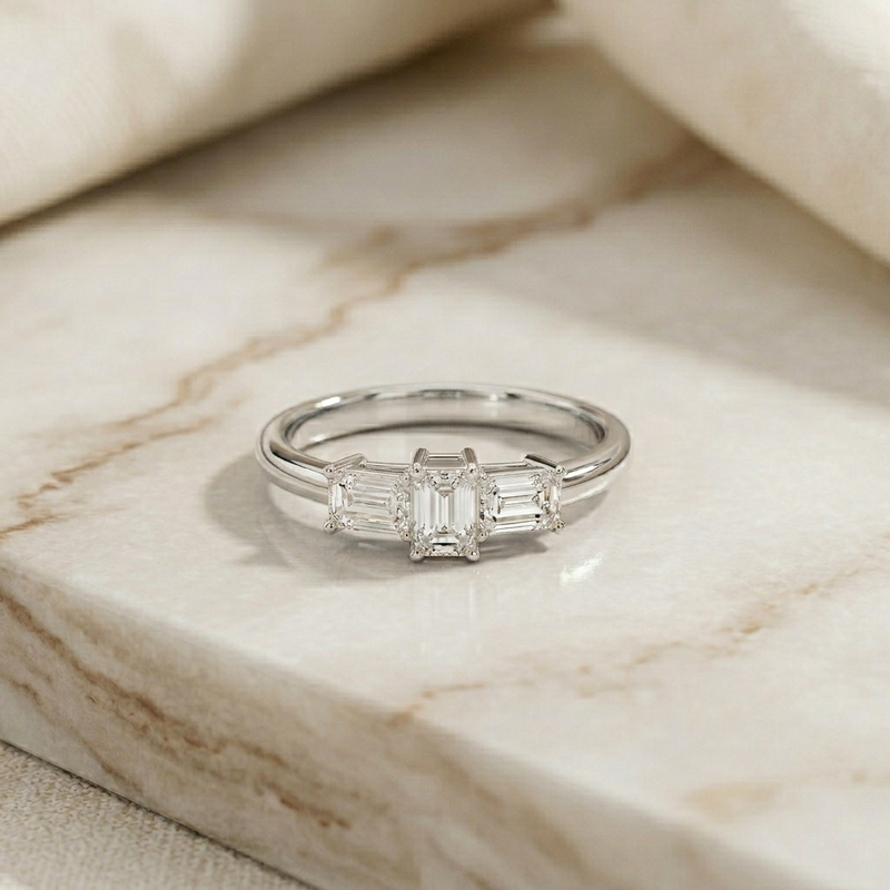 1.68Ct Moissanite Emerald Cut Three-Stone Ring Gold Vermeil (2.5 Micron)