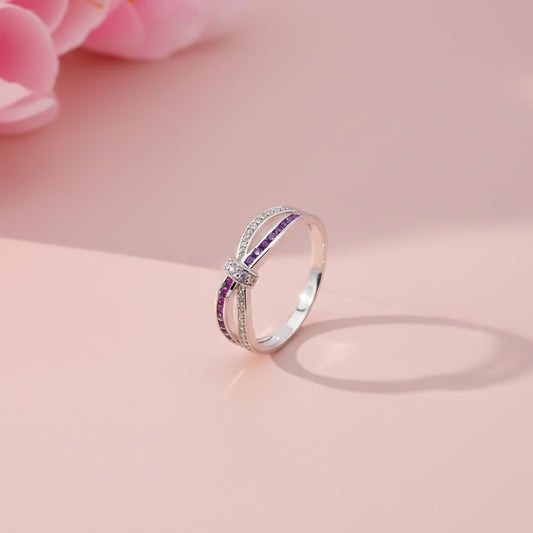 0.25Ct Moissanite & Amethyst Eye Band Ring