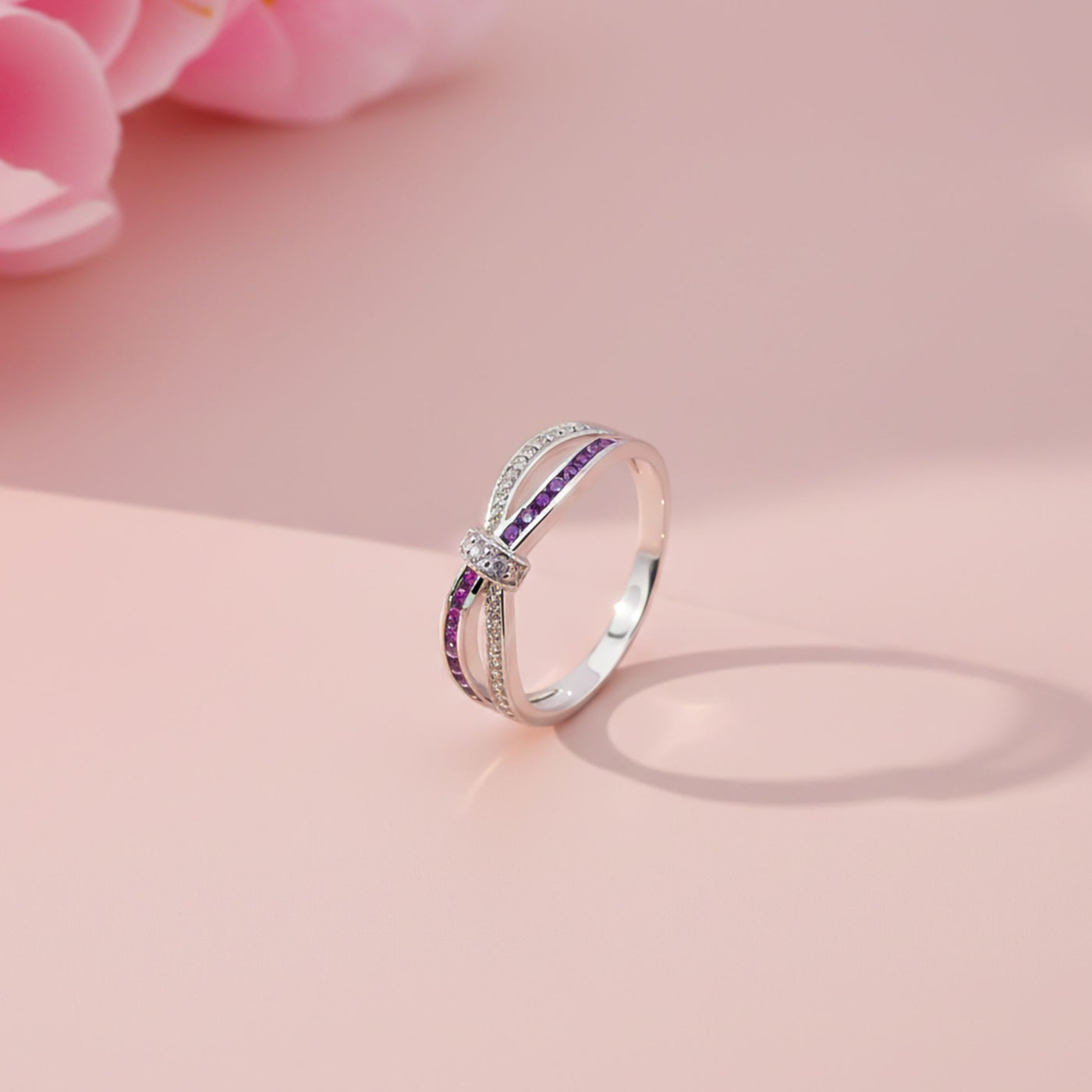 0.25Ct Moissanite & Amethyst Eye Band Ring