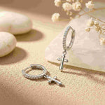 Silver Moissanite Cross Hoop Drop Earrings