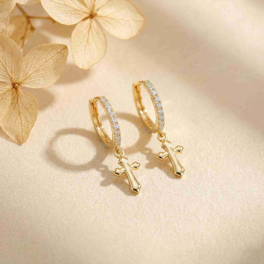 Golden Moissanite Cross Hoop Drop Earrings