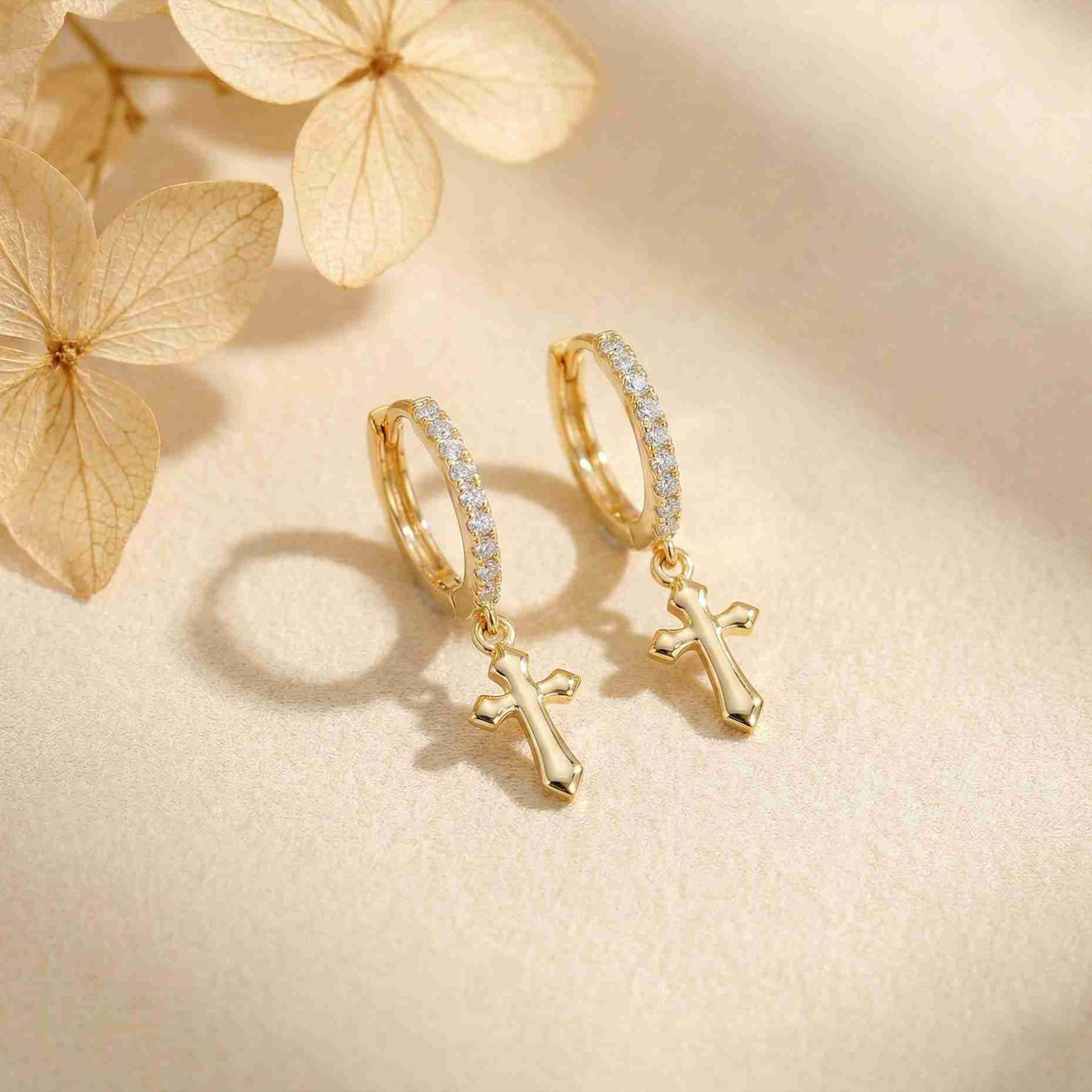 Golden Moissanite Cross Hoop Drop Earrings
