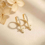 Golden Moissanite Cross Hoop Drop Earrings