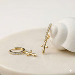 Golden Moissanite Cross Hoop Drop Earrings