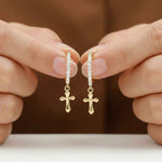 Golden Moissanite Cross Hoop Drop Earrings