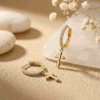 Golden Moissanite Cross Hoop Drop Earrings