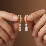 1Ct Moissanite Modern Baguette Drop Hoop Earrings Gold