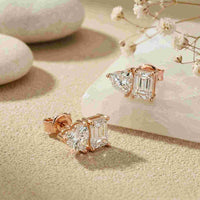 3Ct Moissanite Emerald & Heart Stud Earrings Rose Gold