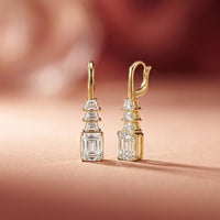 9.52Ct Moissanite Emerald Drop Tiered Earrings Gold