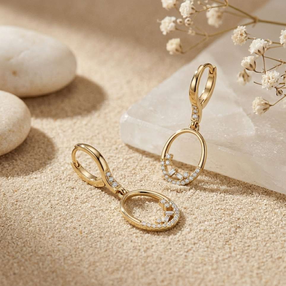 0.27Ct Moissanite Oval Drop Hoop Earrings Gold