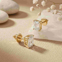 2.5Ct Moissanite Emerald Cut Solitaire Stud Earrings Gold