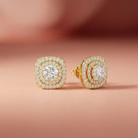3.89Ct Moissanite Double Halo Cushion Stud Earrings Gold