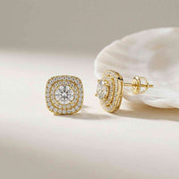 3.89Ct Moissanite Double Halo Cushion Stud Earrings Gold