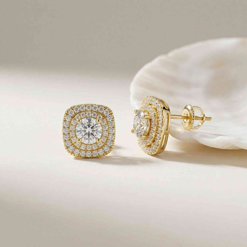 3.89Ct Moissanite Double Halo Cushion Stud Earrings Gold