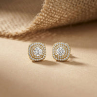 3.89Ct Moissanite Double Halo Cushion Stud Earrings Gold