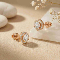 2.98Ct Moissanite Hexagon Halo Stud Earrings Rose Gold