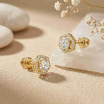 2.98Ct Moissanite Hexagon Halo Stud Earrings Gold