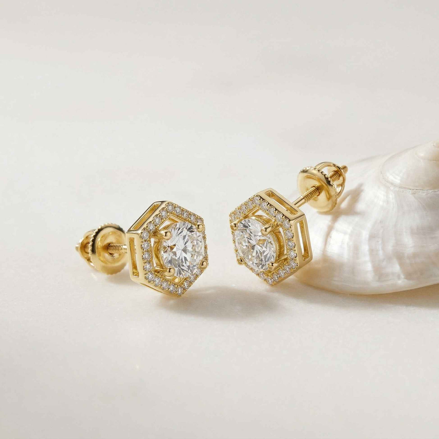 2.98Ct Moissanite Hexagon Halo Stud Earrings Gold