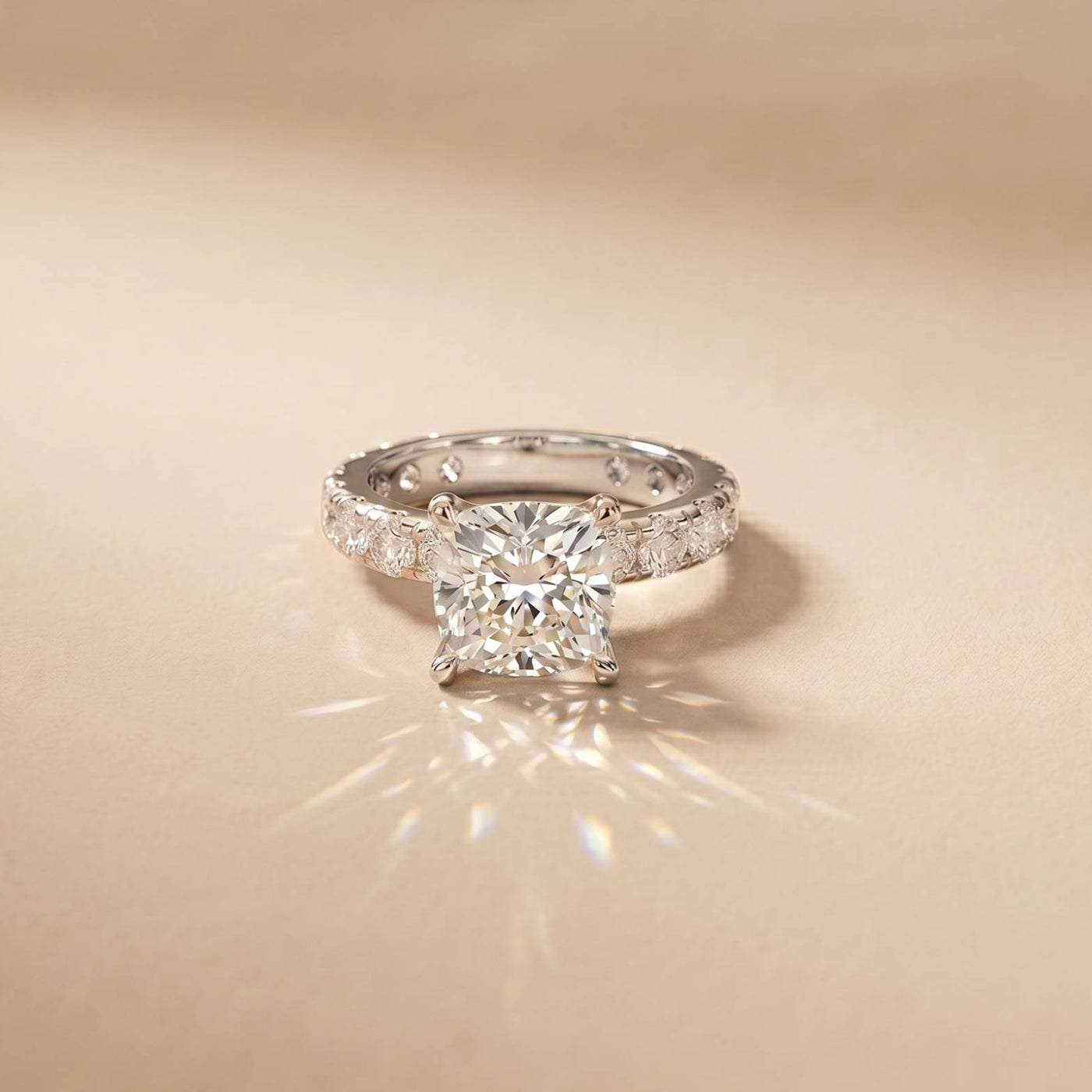4.76 Ct Cushion Cut Moissanite Pavé Engagement Ring
