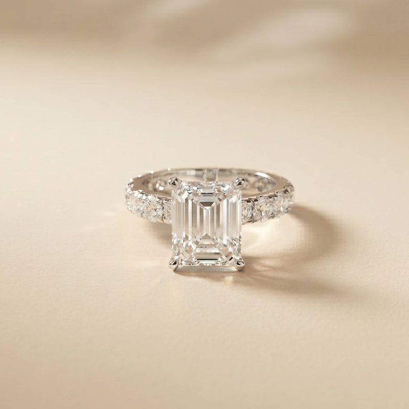 4.76 Ct Emerald Cut Moissanite Pavé Engagement Ring