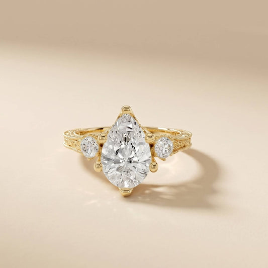 2.80 Ct Pear Moissanite Three Stone Engagement Ring