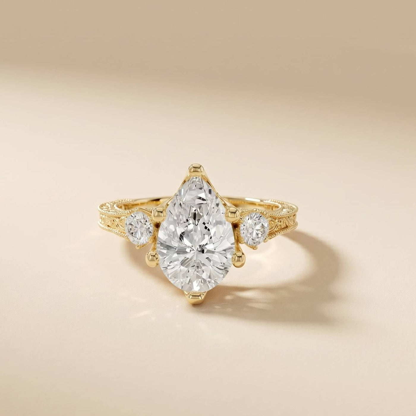 2.80 Ct Pear Moissanite Three Stone Engagement Ring Gold