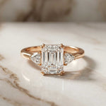 2.40 Ct Emerald & Trillion Moissanite Classic Trio Ring Rose Gold