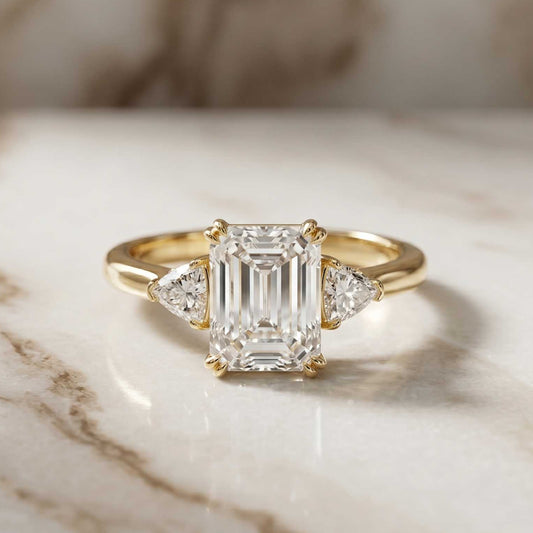 2.40 Ct Emerald & Trillion Moissanite Classic Trio Ring