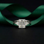 2.40 Ct Emerald & Trillion Moissanite Classic Trio Ring White
