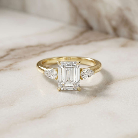 2.25 Ct Emerald & Pear Moissanite Trio Solitaire Ring