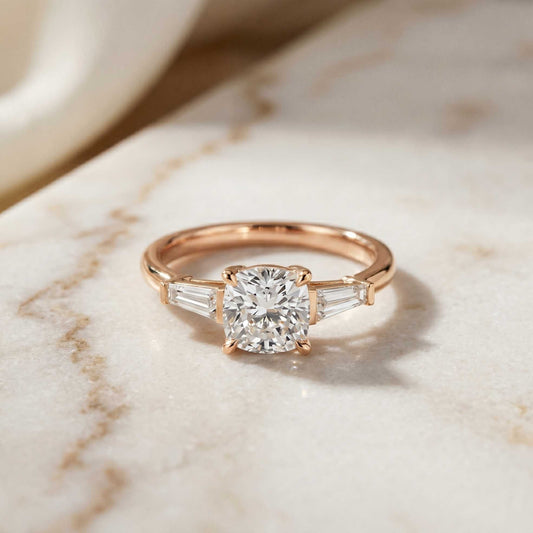 1.90 Ct Cushion & Baguette Moissanite Balanced Elegance Engagement Ring