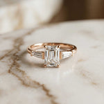 1.90 Ct Emerald & Baguette Moissanite Refined Harmony Engagement Ring Rose Gold