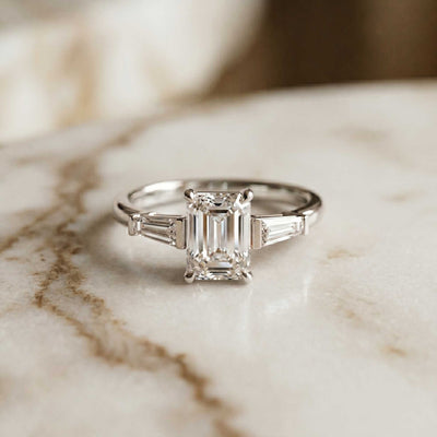 1.90 Ct Emerald & Baguette Moissanite Refined Harmony Engagement Ring Gold Vermeil (2.5 Micron)