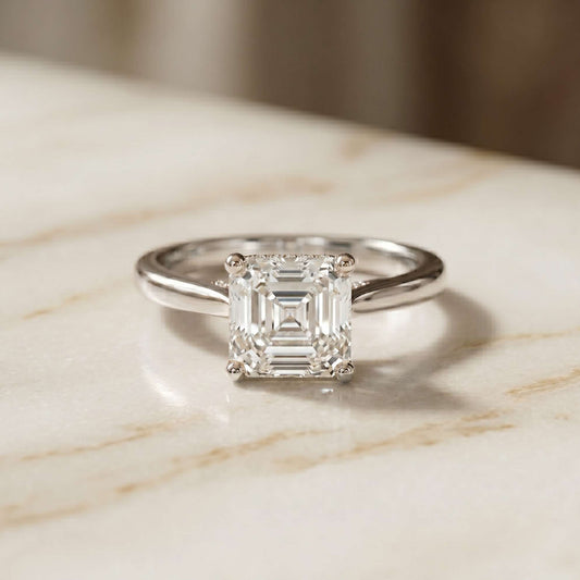 2.14 Ct Asscher Moissanite Cathedral Set Hidden Halo Engagement Ring