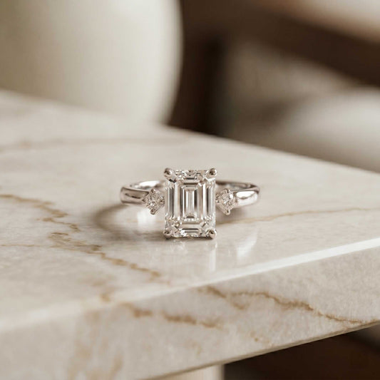 2.16 Ct Emerald Cut Moissanite Invisible Halo Engagement Ring