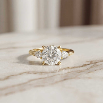 3.30 Ct Round Moissanite with Pear Side Stones Promise Ring Gold Vermeil (2.5 Micron)